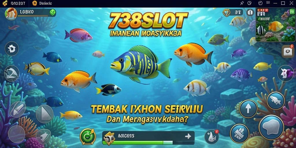 Tampilan gameplay <strong>738SLOT</strong> dengan karakter ikan berwarna-warni dan efek tembakan yang menarik.