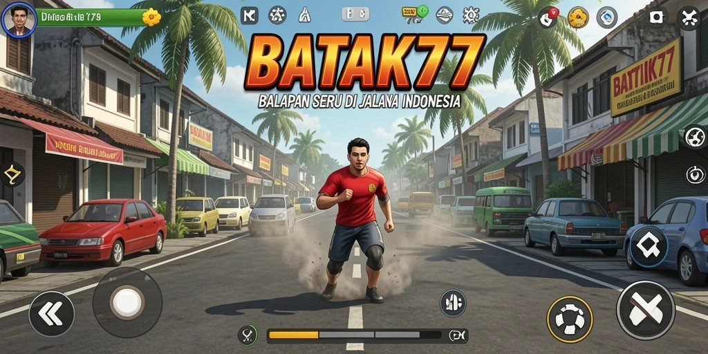 Screenshot gameplay BALAPAN SERU di BATIK77 dengan kendaraan ikonik.