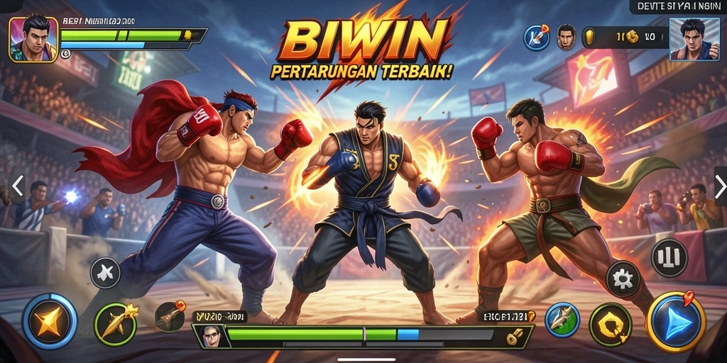 Screenshot gameplay BIWIN yang menampilkan pertarungan seru antara karakter.