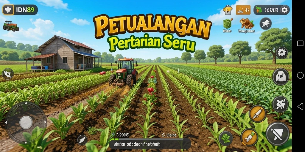 Gameplay <strong>IDN89</strong> dengan ladang yang subur dan penuh warna.