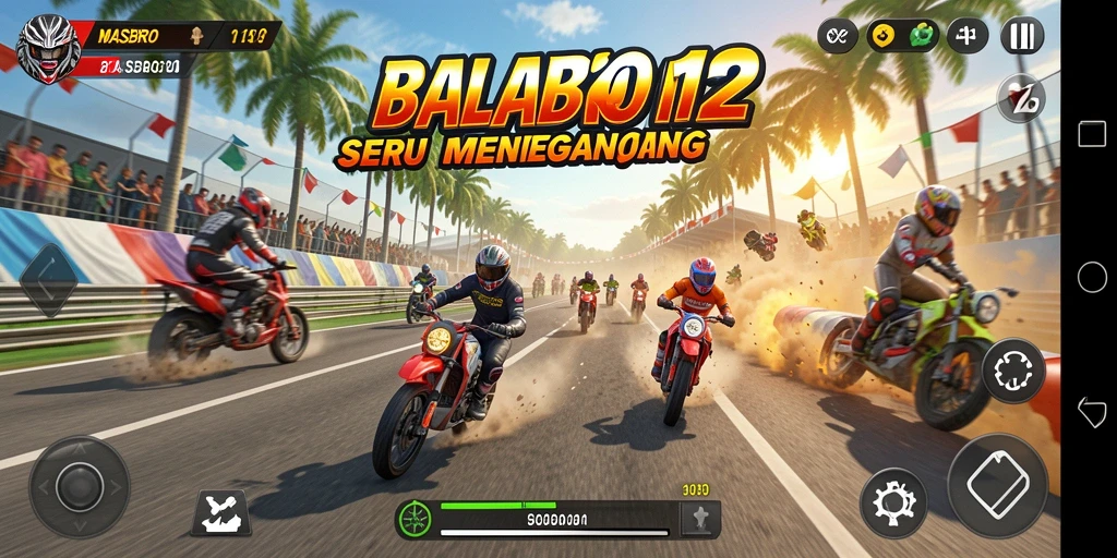 Screenshot gameplay MASBRO12 menampilkan balapan seru di lintasan yang menegangkan.