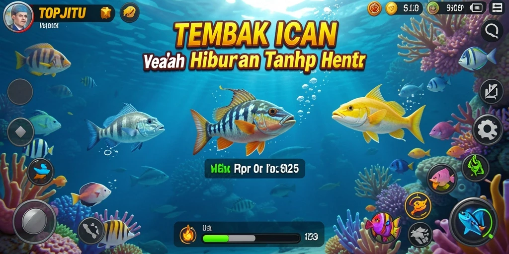 Tampilan screenshot utama TOPJITU menunjukkan aksi tembak ikan yang seru.