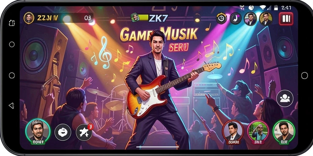 Tampilan gameplay ZK7 dengan berbagai pilihan lagu musik.